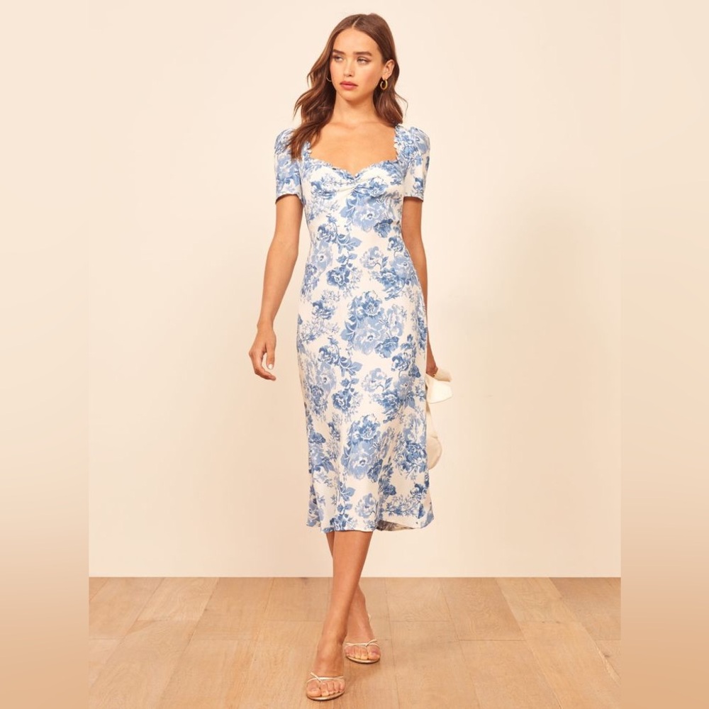 Reformation | Marfa Ruffle Trim Sweetheart Midi Dress in Olympia | Size 2 - Picture 2 of 7